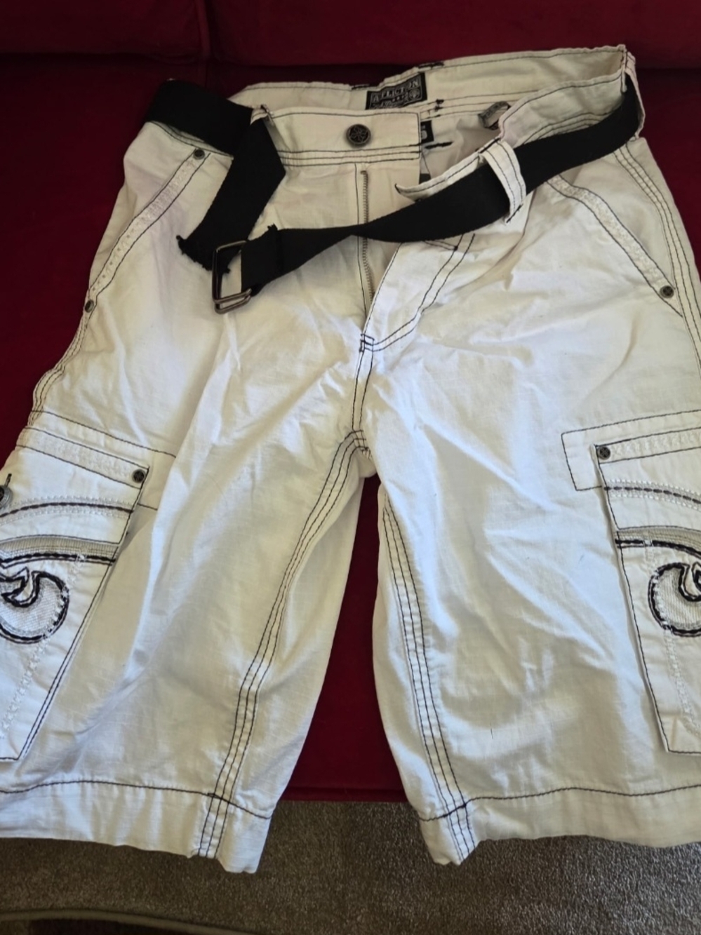 Affliction White Cargo Men's Shorts with Black Stitching and Belt